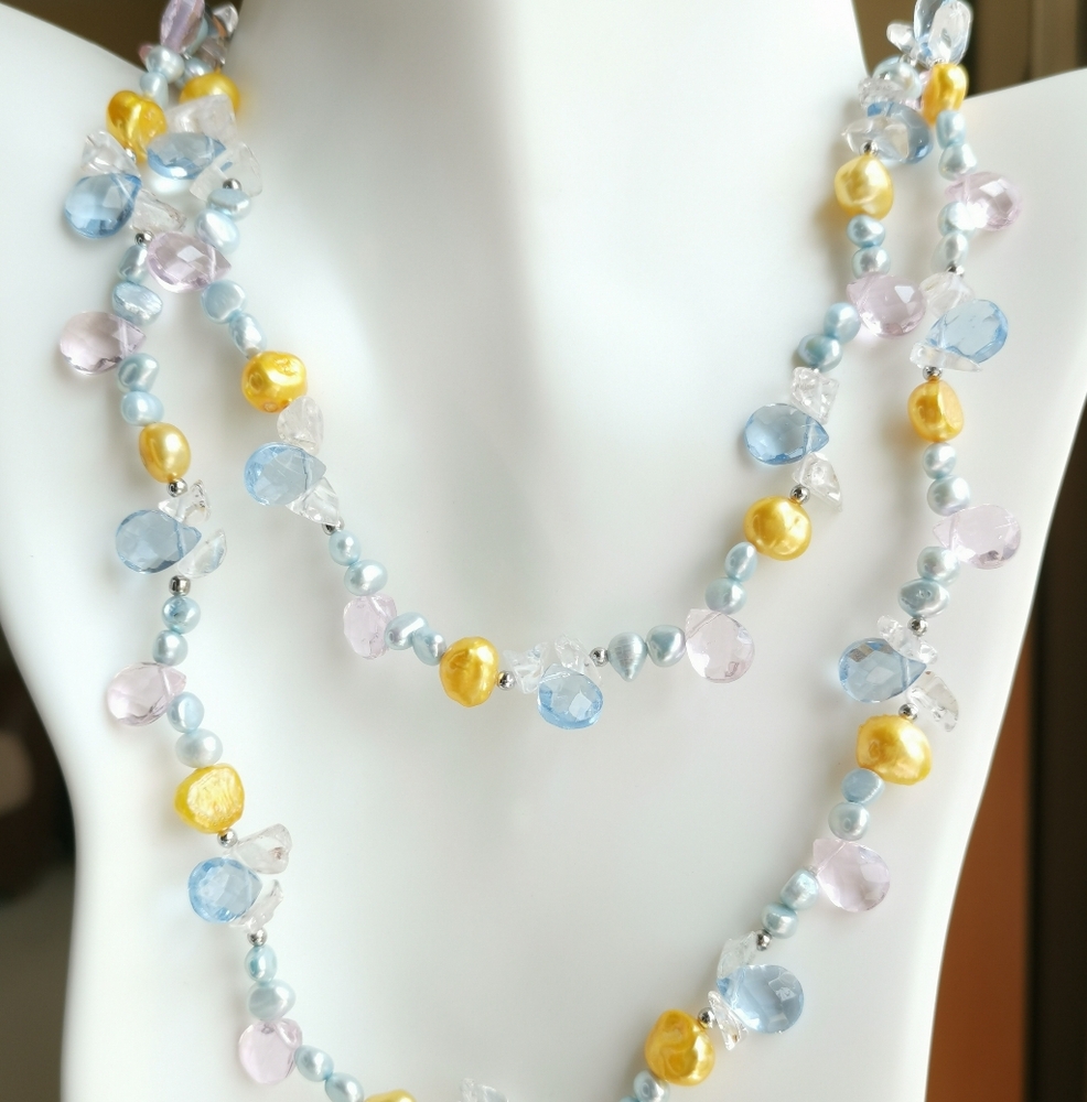 Freshwater Pearl and Crystal Rope Necklace Blue and Yellow 46"